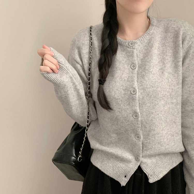 비비 라운드넥 긴팔 니트 가디건 파스텔 핑크 소라 봄 봄옷 니트가디건 봄가디건 벚꽃 가을 가을옷 그레이