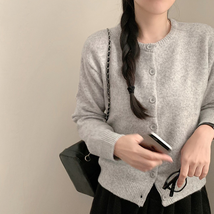 비비 라운드넥 긴팔 니트 가디건 파스텔 핑크 소라 봄 봄옷 니트가디건 봄가디건 벚꽃 가을 가을옷 그레이