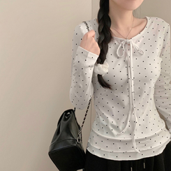 삐삐 도트 캉캉 라운드넥 긴팔 티셔츠 롱슬리브 긴팔티 봄 봄옷 레이어드 모리걸 화이트