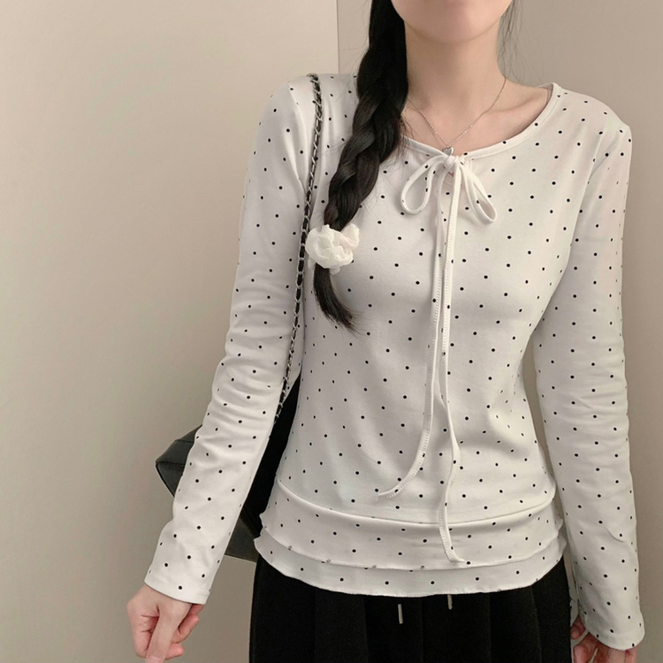 삐삐 도트 캉캉 라운드넥 긴팔 티셔츠 롱슬리브 긴팔티 봄 봄옷 레이어드 모리걸 화이트
