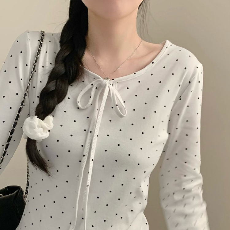 삐삐 도트 캉캉 라운드넥 긴팔 티셔츠 롱슬리브 긴팔티 봄 봄옷 레이어드 모리걸 화이트