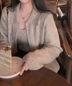 포그니 세트를 집업버전으로프렌즈 카라 투웨이 니트 집업 나시 가디건 투피스 오트밀