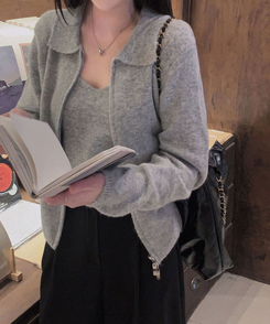 포그니 세트를 집업버전으로프렌즈 카라 투웨이 니트 집업 나시 가디건 투피스 연그레이