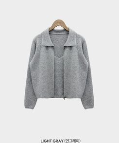 포그니 세트를 집업버전으로프렌즈 카라 투웨이 니트 집업 나시 가디건 투피스