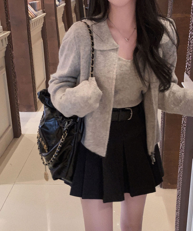 포그니 세트를 집업버전으로프렌즈 카라 투웨이 니트 집업 나시 가디건 투피스 오트밀