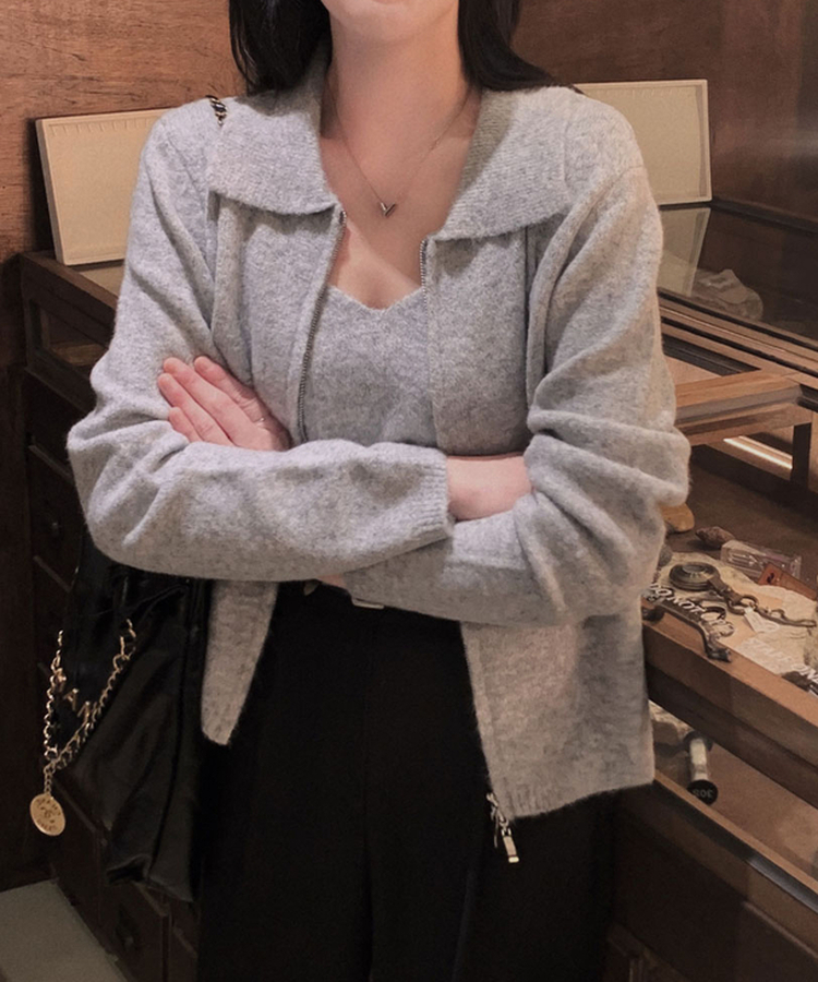 포그니 세트를 집업버전으로프렌즈 카라 투웨이 니트 집업 나시 가디건 투피스 연그레이