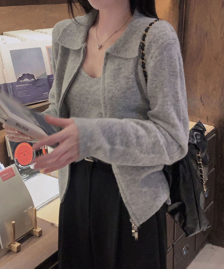 포그니 세트를 집업버전으로프렌즈 카라 투웨이 니트 집업 나시 가디건 투피스 연그레이