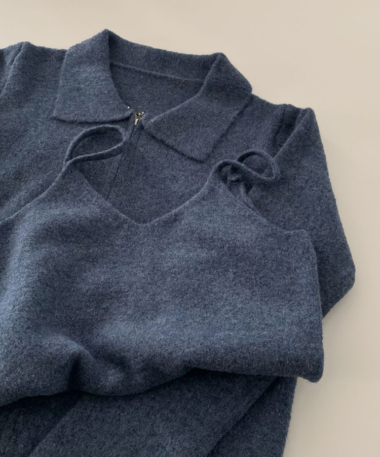 포그니 세트를 집업버전으로프렌즈 카라 투웨이 니트 집업 나시 가디건 투피스