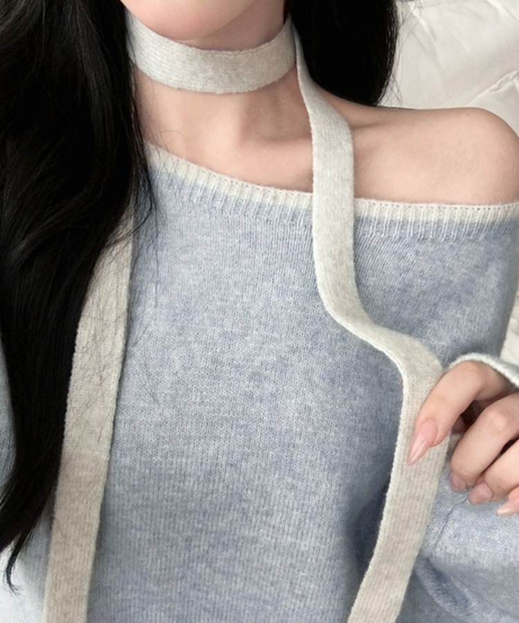 데르온 배색 입술넥 오프숄더 머플러 초커 긴팔 니트 소라