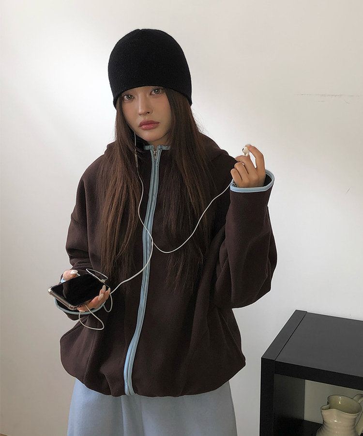 ハイネックフードフリースジップアップ BROWN