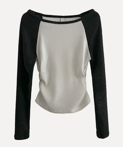 로멘 기모배색 레글런 셔링 크롭 긴팔니트 티셔츠