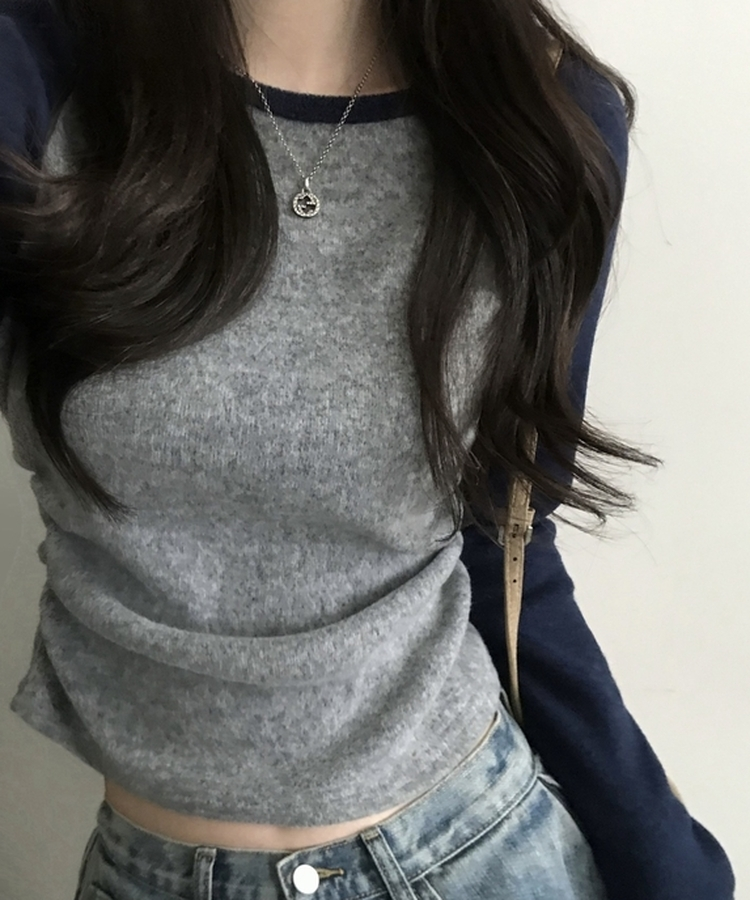 로멘 기모배색 레글런 셔링 크롭 긴팔니트 티셔츠 네이비