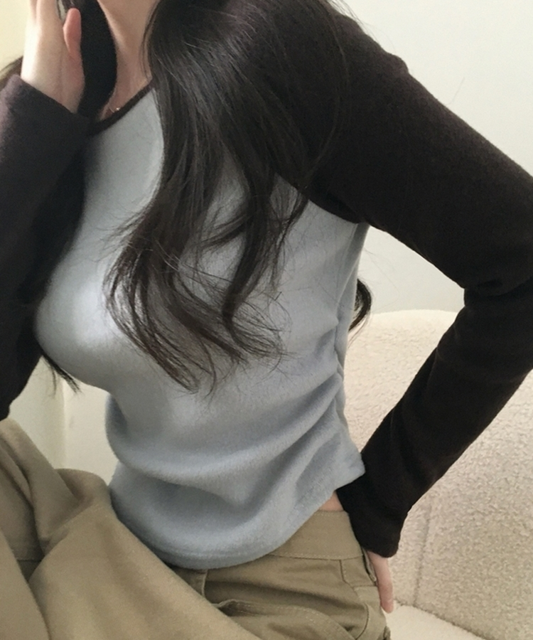 로멘 기모배색 레글런 셔링 크롭 긴팔니트 티셔츠 브라운