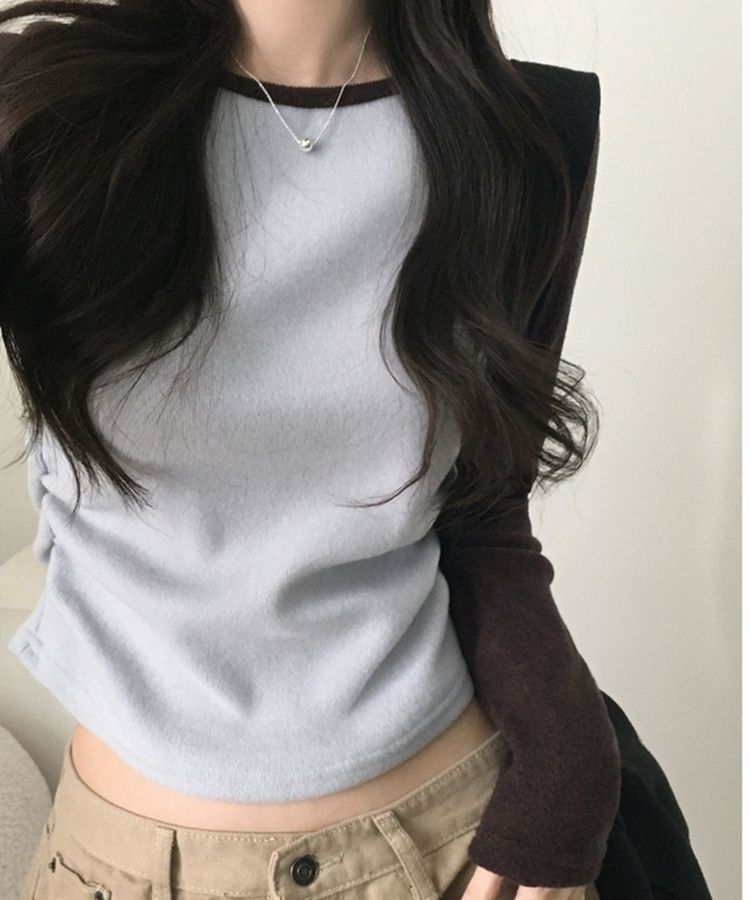 로멘 기모배색 레글런 셔링 크롭 긴팔니트 티셔츠 브라운