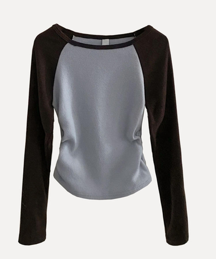 로멘 기모배색 레글런 셔링 크롭 긴팔니트 티셔츠