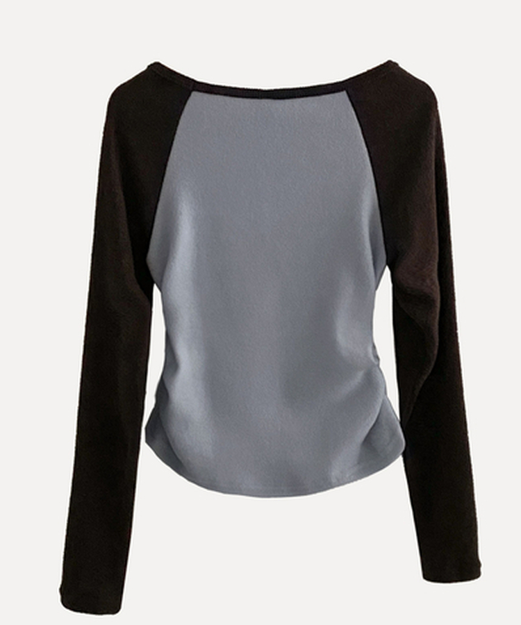 로멘 기모배색 레글런 셔링 크롭 긴팔니트 티셔츠