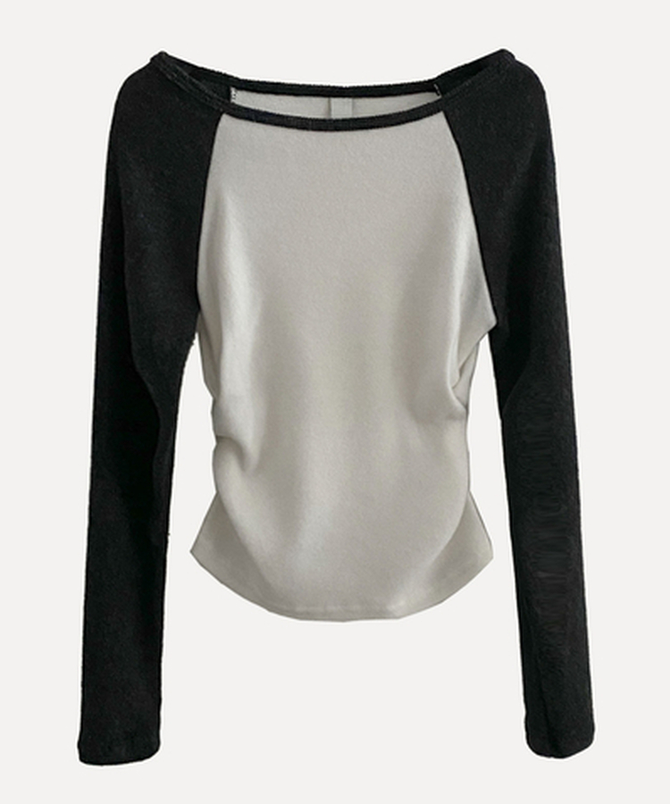 로멘 기모배색 레글런 셔링 크롭 긴팔니트 티셔츠