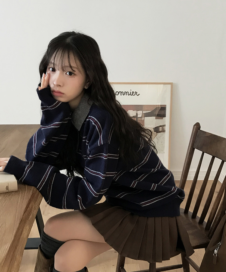 オーバーフィットストライプニット NAVY