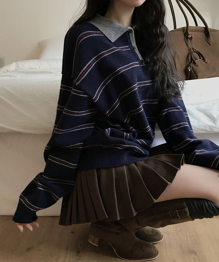 オーバーフィットストライプニット NAVY