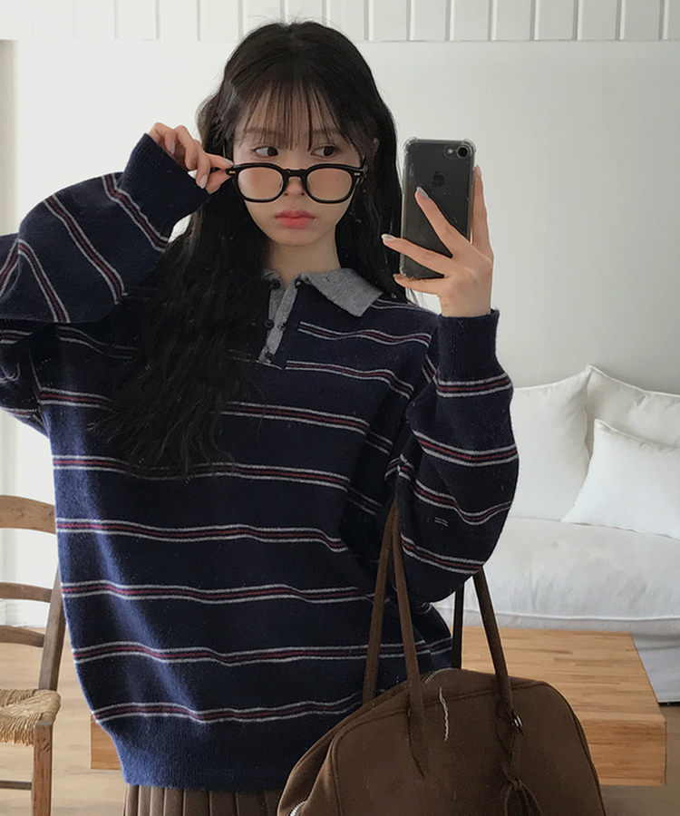 オーバーフィットストライプニット NAVY