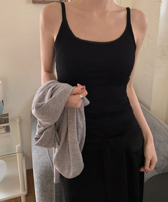 【カップ付き】レースレイヤードスリーブレス BLACK