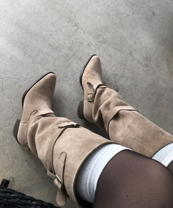 빈티지 버클 스트랩 롱부츠 카키(베이지)