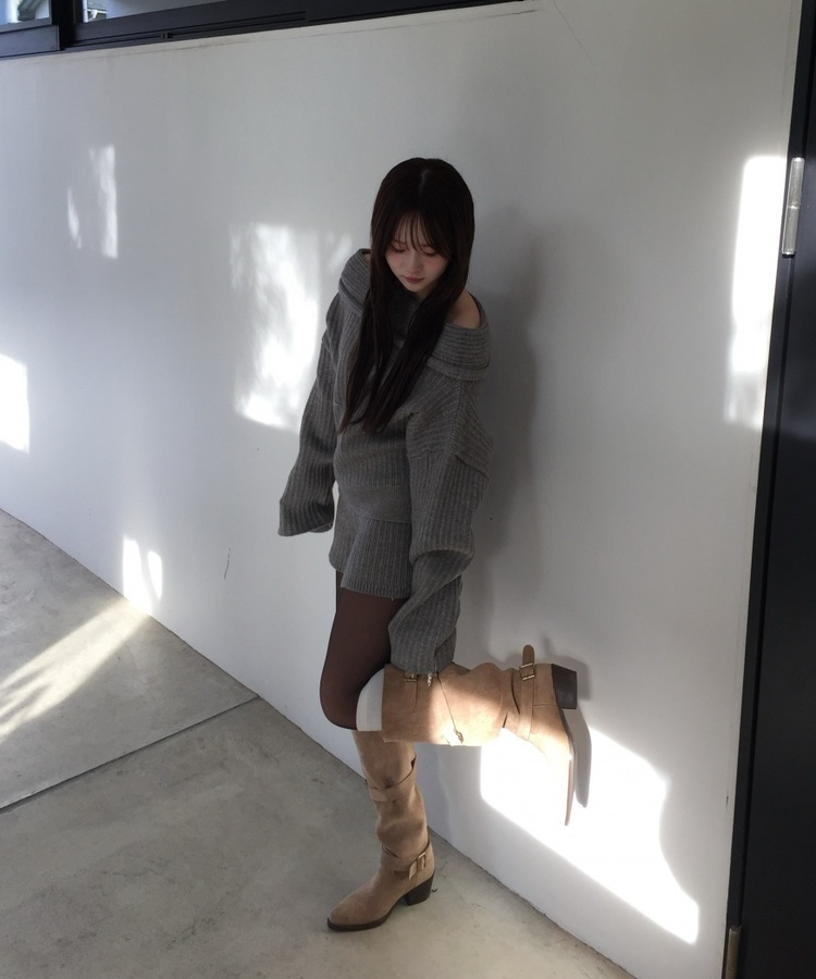 빈티지 버클 스트랩 롱부츠 카키(베이지)