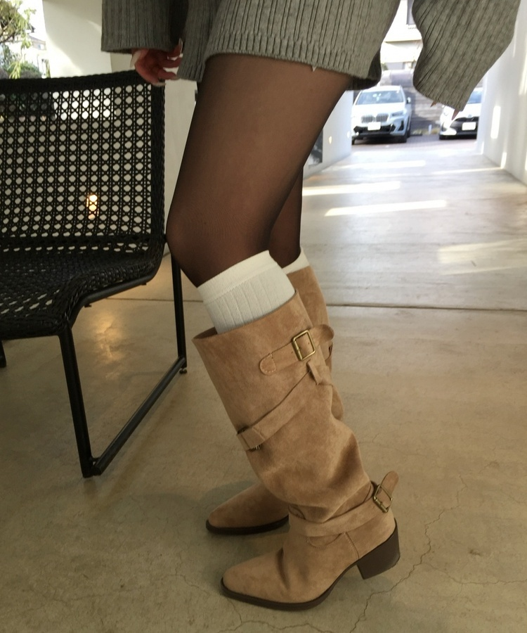 빈티지 버클 스트랩 롱부츠 카키(베이지)