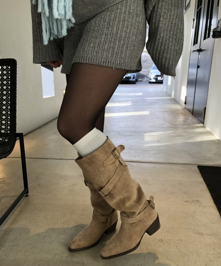 빈티지 버클 스트랩 롱부츠 카키(베이지)