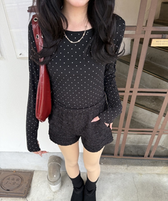 ドット柄ラウンドネックTシャツ BLACK