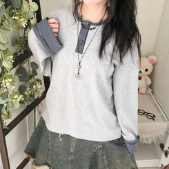 오버핏 빈티지 아메카지 스트라이프 소매 트리밍 단추 긴팔 티셔츠 그레이