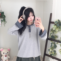 오버핏 빈티지 아메카지 스트라이프 소매 트리밍 단추 긴팔 티셔츠 그레이