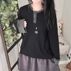 오버핏 빈티지 아메카지 스트라이프 소매 트리밍 단추 긴팔 티셔츠 블랙