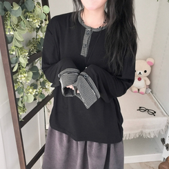 오버핏 빈티지 아메카지 스트라이프 소매 트리밍 단추 긴팔 티셔츠 블랙