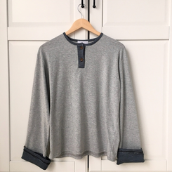 오버핏 빈티지 아메카지 스트라이프 소매 트리밍 단추 긴팔 티셔츠