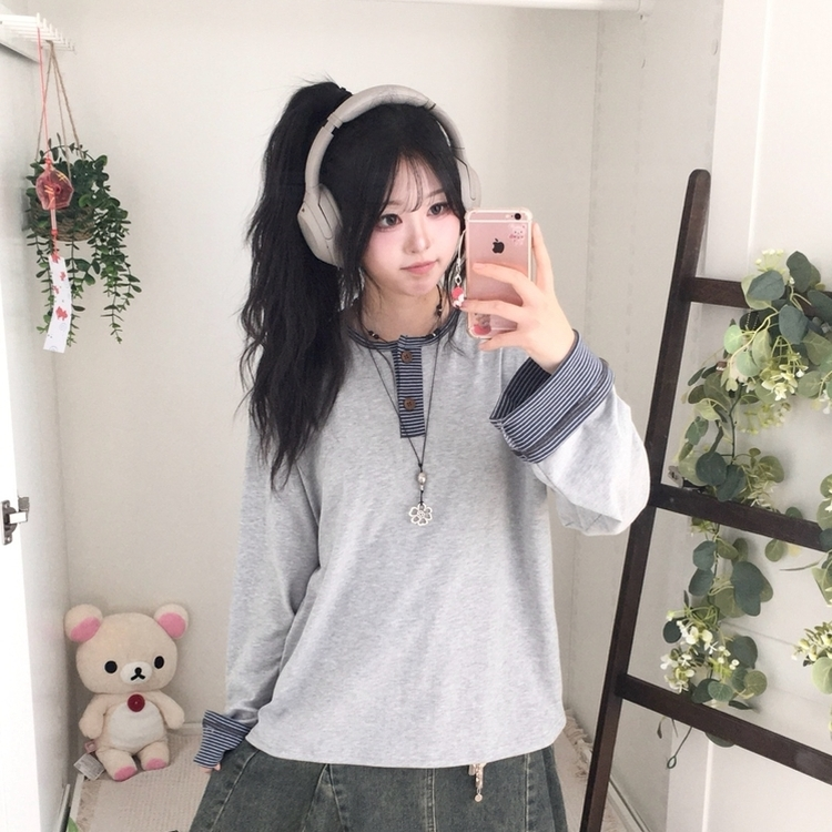 오버핏 빈티지 아메카지 스트라이프 소매 트리밍 단추 긴팔 티셔츠 그레이