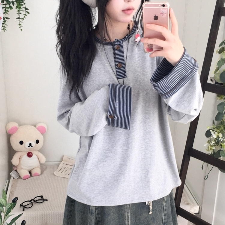 오버핏 빈티지 아메카지 스트라이프 소매 트리밍 단추 긴팔 티셔츠 그레이