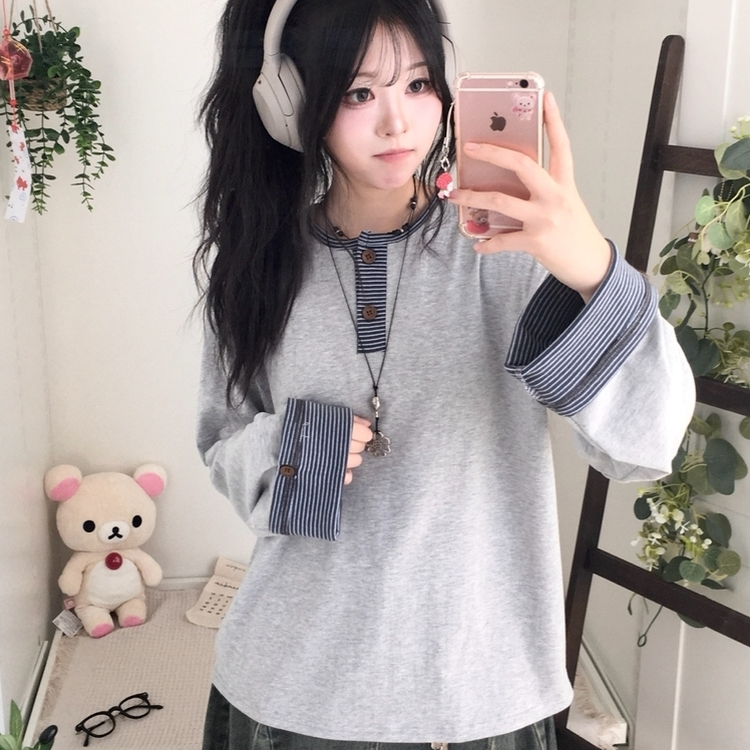 오버핏 빈티지 아메카지 스트라이프 소매 트리밍 단추 긴팔 티셔츠 그레이