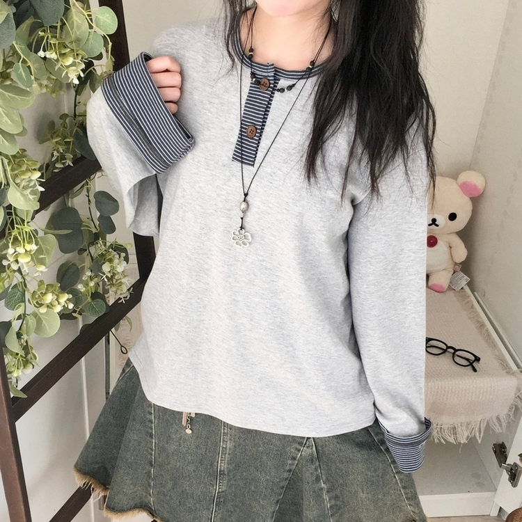 오버핏 빈티지 아메카지 스트라이프 소매 트리밍 단추 긴팔 티셔츠 그레이