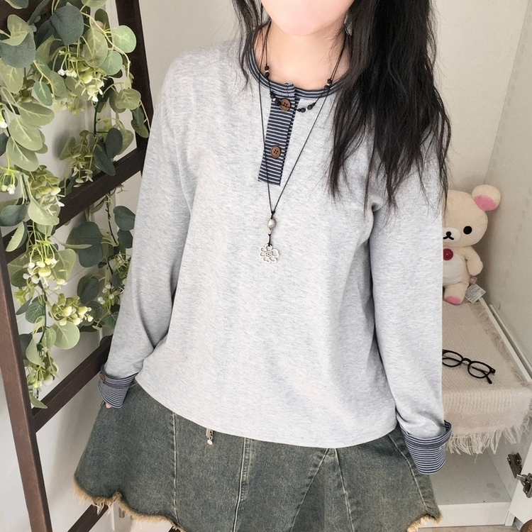 오버핏 빈티지 아메카지 스트라이프 소매 트리밍 단추 긴팔 티셔츠 그레이