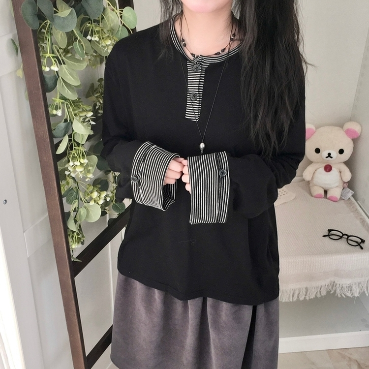 오버핏 빈티지 아메카지 스트라이프 소매 트리밍 단추 긴팔 티셔츠 블랙