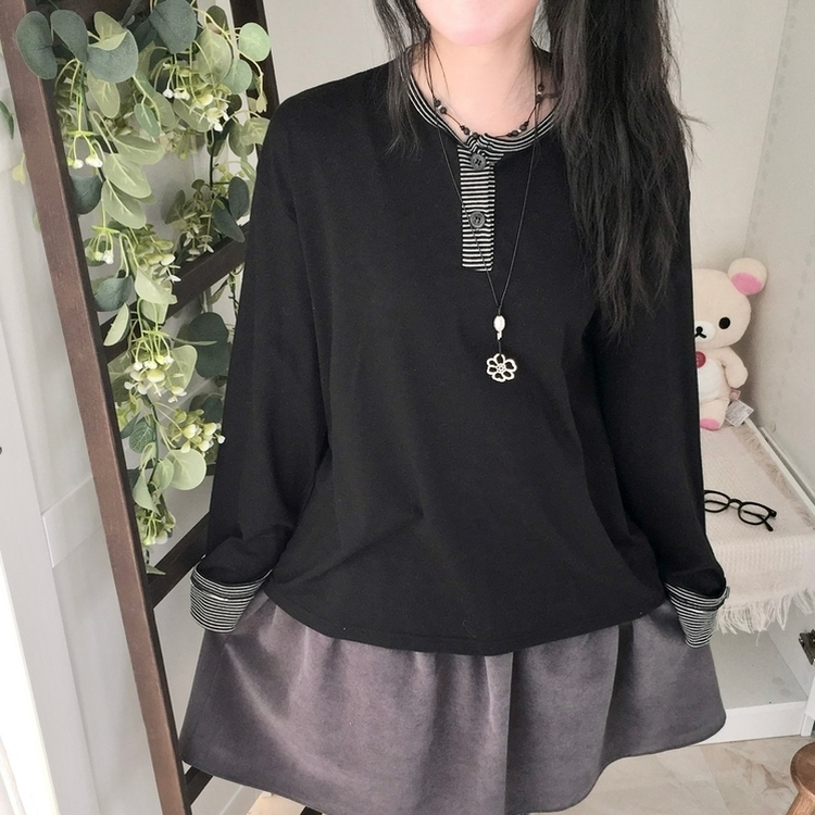 오버핏 빈티지 아메카지 스트라이프 소매 트리밍 단추 긴팔 티셔츠 블랙