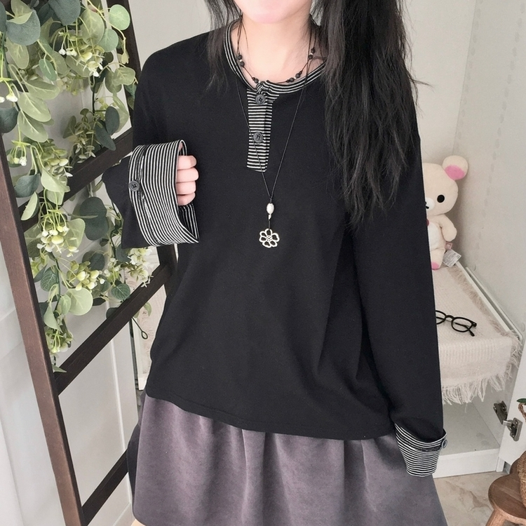 오버핏 빈티지 아메카지 스트라이프 소매 트리밍 단추 긴팔 티셔츠 블랙