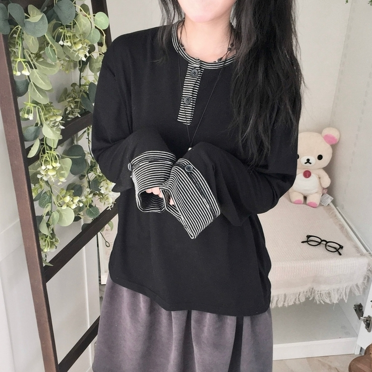 오버핏 빈티지 아메카지 스트라이프 소매 트리밍 단추 긴팔 티셔츠 블랙