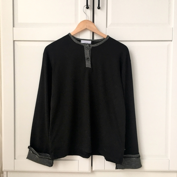 오버핏 빈티지 아메카지 스트라이프 소매 트리밍 단추 긴팔 티셔츠