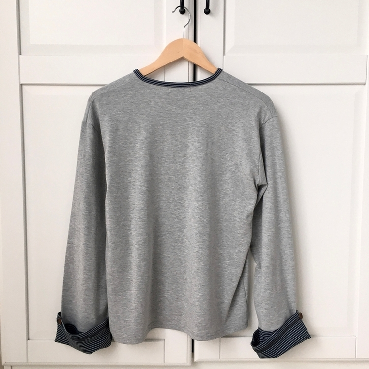 오버핏 빈티지 아메카지 스트라이프 소매 트리밍 단추 긴팔 티셔츠