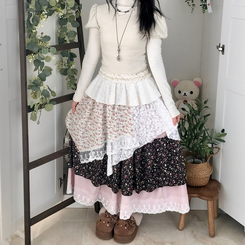 로즈 조각 패치 빈티지 레이어드 밴딩 롱스커트 핑크