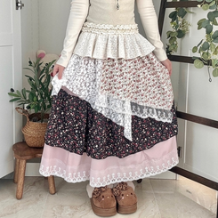 로즈 조각 패치 빈티지 레이어드 밴딩 롱스커트 핑크
