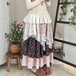 로즈 조각 패치 빈티지 레이어드 밴딩 롱스커트 핑크