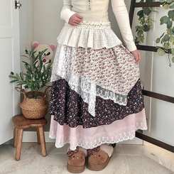 로즈 조각 패치 빈티지 레이어드 밴딩 롱스커트 핑크